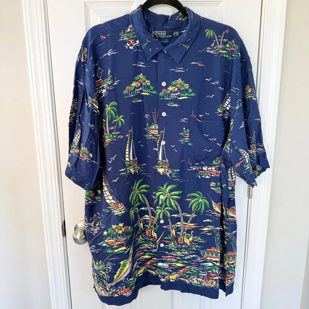 Vintage Polo Ralph Lauren Hawaiian Marlin Short Sleeve Button Down Shirt 2XLT